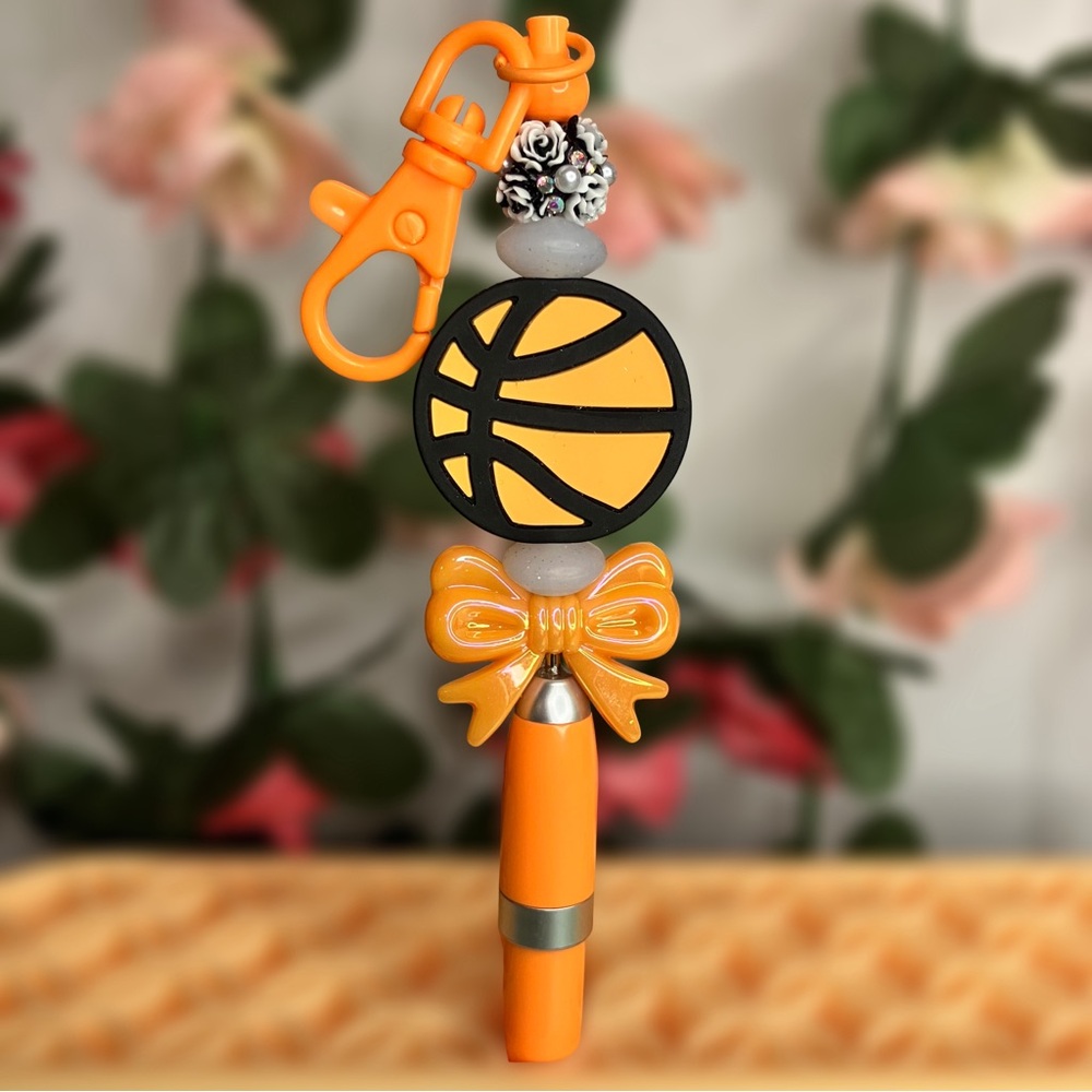 Orange Basketball Handmade Beaded Keychain Pen